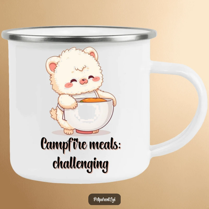 Funny camping mug featuring a fluffy creature in a tiny apron fumbling with a large food bowl, ideal for kitchen humor.