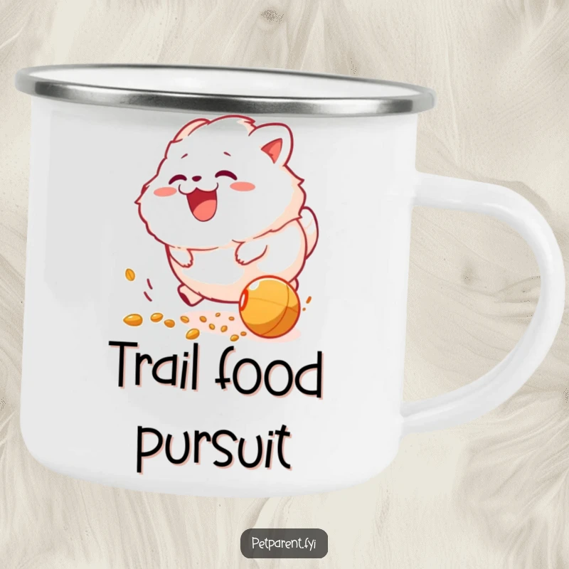 Funny camping mug: a fluffy creature excitedly chasing a rolling food pellet with pure joy, great for outdoors.