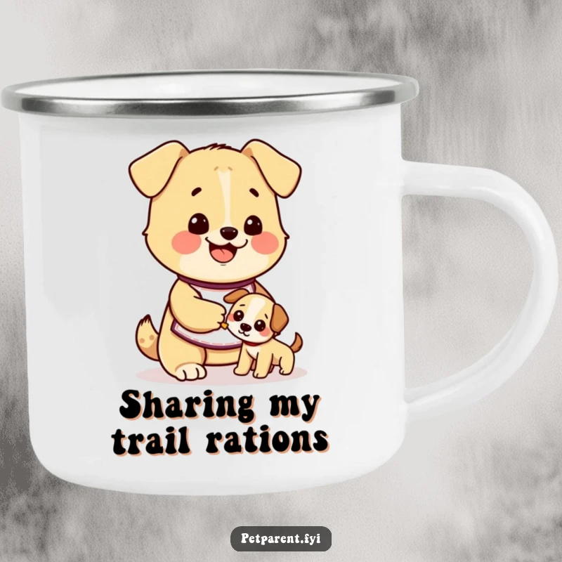 Funny dog camping mug showing a cute character in an apron happily feeding a smaller puppy, perfect for outdoor enjoyment and humor.
