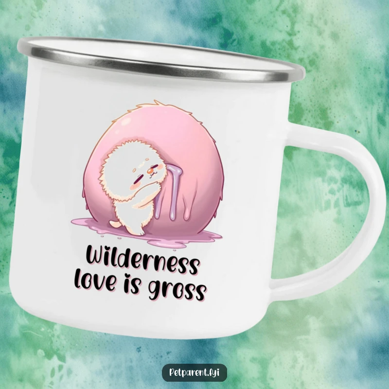 Funny camping mug featuring a small fluffy creature hugging a large, drool-covered object, ideal for lovers of messy affection.