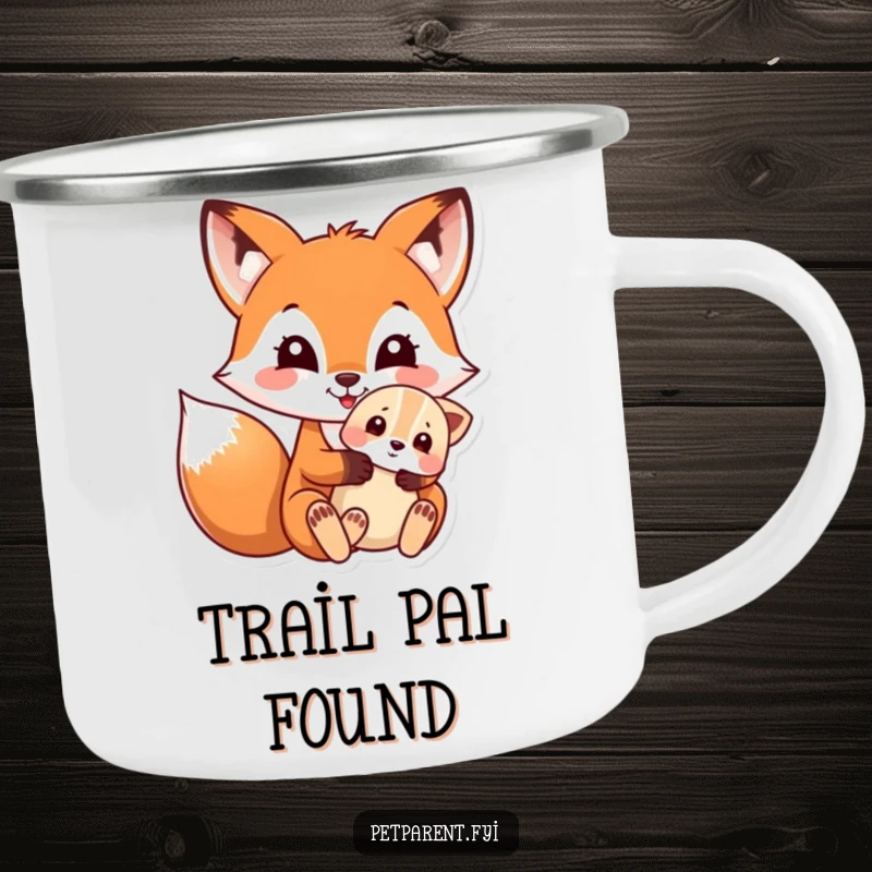 Funny camping mug with a heartwarming scene of a fox gently holding a puppy, ideal for outdoor enjoyment.