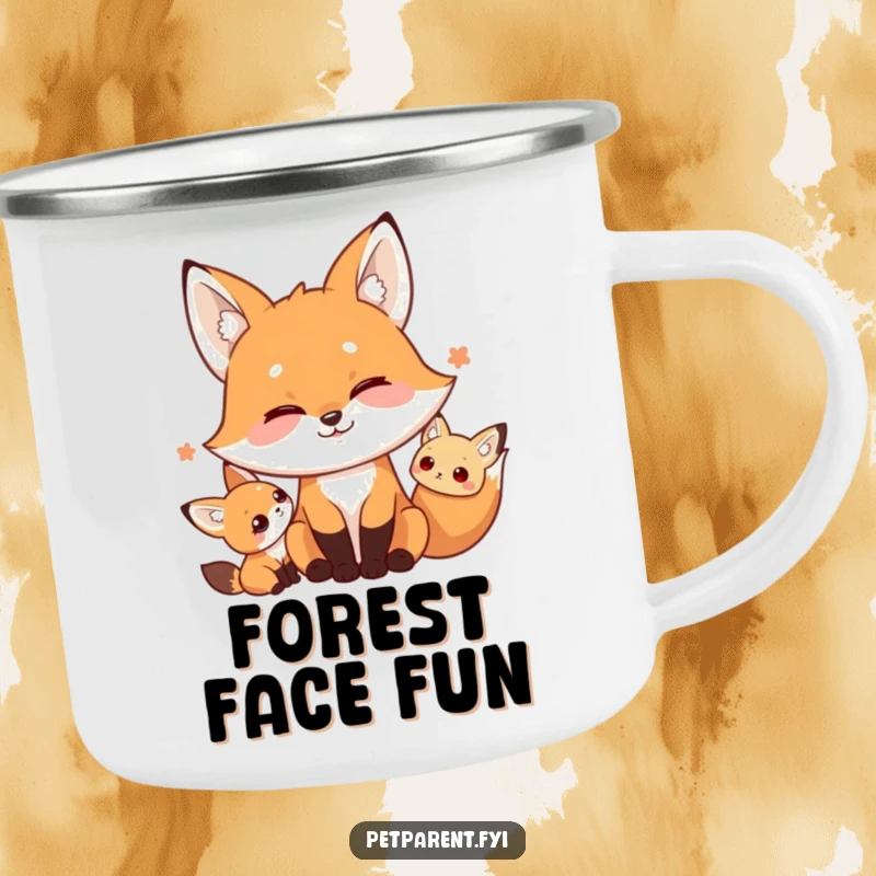 Funny enamel camping mug featuring a playful fox with a silly, exaggerated face, perfect for sipping drinks around the campfire with a smile.
