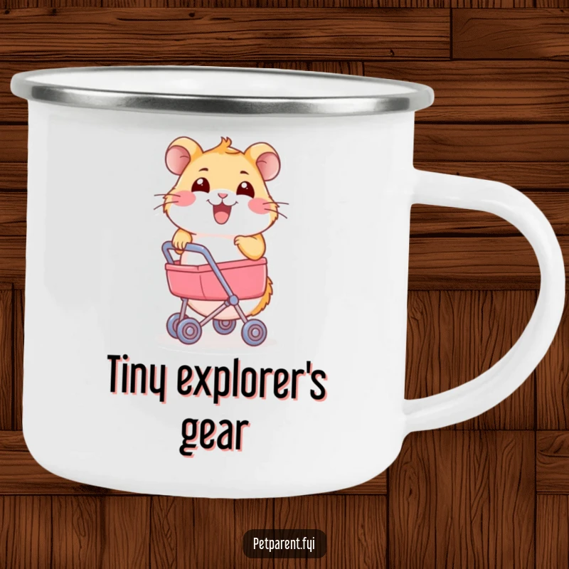 Funny Hamster Camping Mug: A joyful hamster pushes a miniature stroller. Humorous and durable for outdoor enthusiasts.