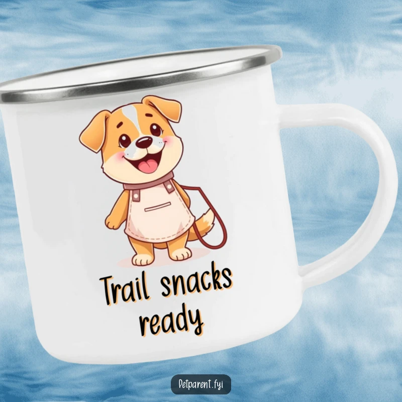 Funny camping mug with a happy dog character in a chef apron holding a leash, ideal for outdoor adventures.
