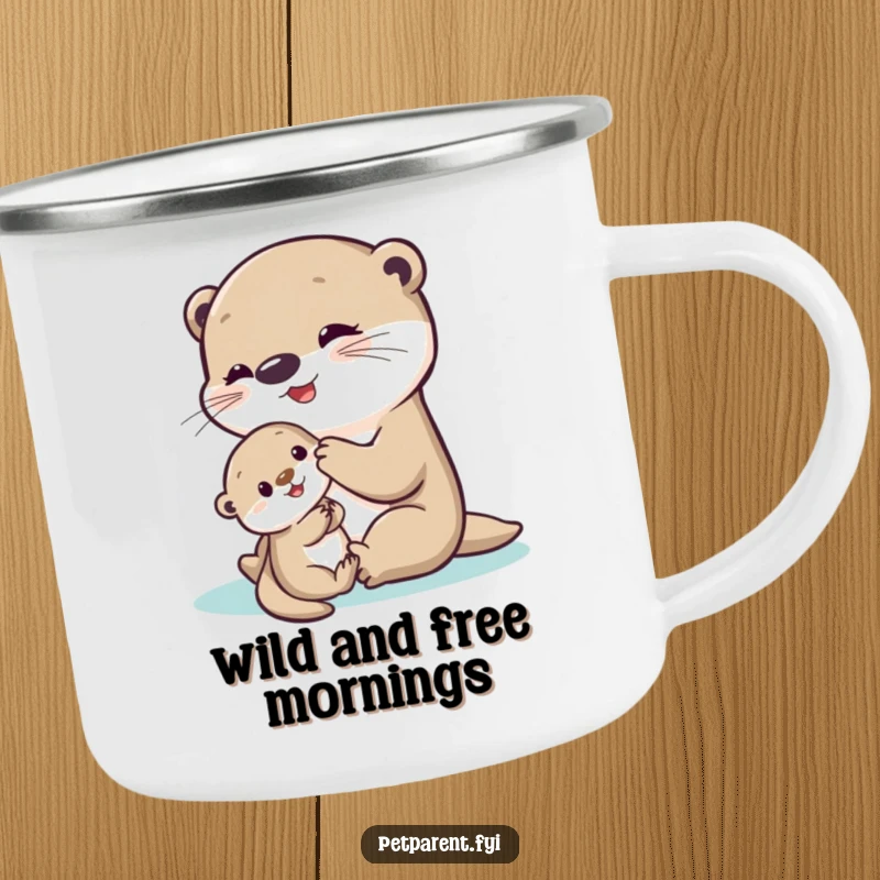 Funny Otter Camping Mug depicting a delighted otter playing with a shy baby otter, ideal for humorous outdoor refreshment.