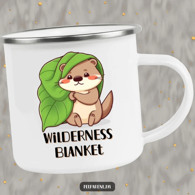 Funny enamel camping mug featuring a whimsical otter character using a large leaf as a blanket, ideal for enjoying drinks outdoors with a dose of nature's humor.