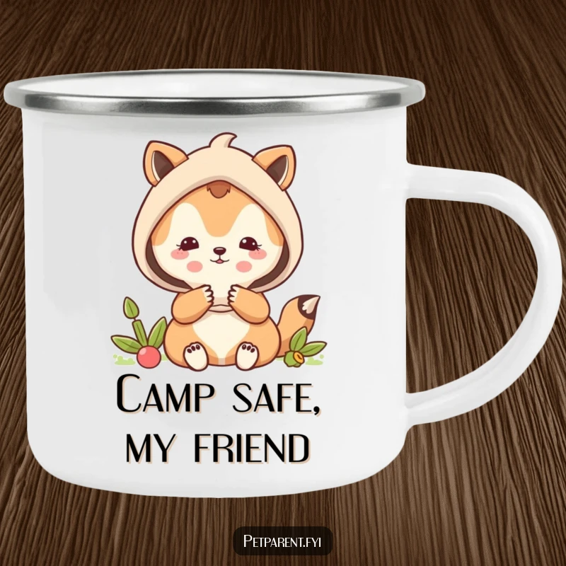 Funny protective animal character shielding a smaller animal, on a rugged camping mug.