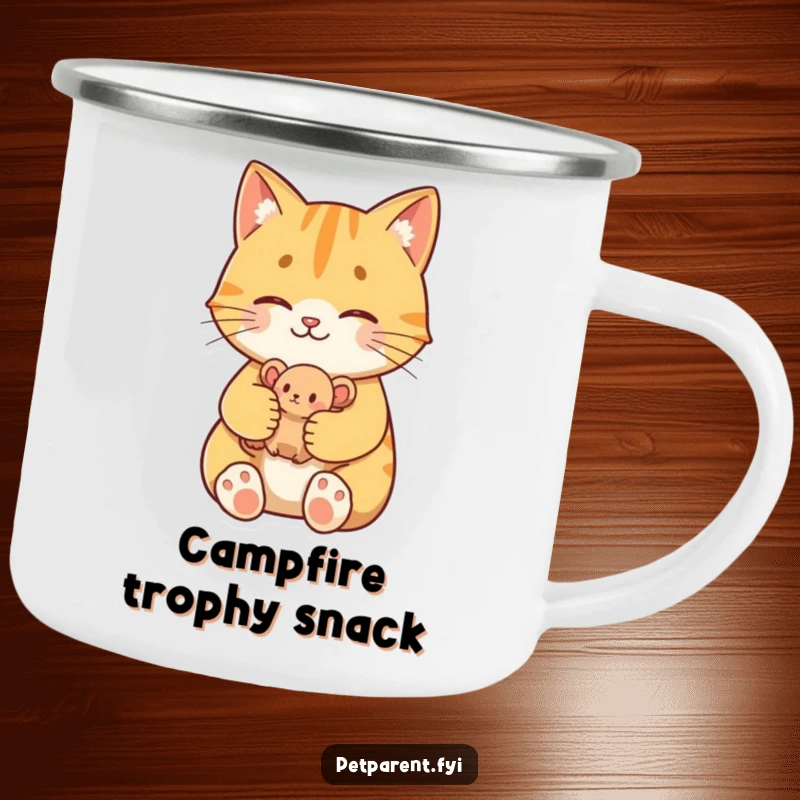 Funny Proud Cat Camping Mug: A proud cat character holds a toy mouse, perfect for outdoor feline appreciation.