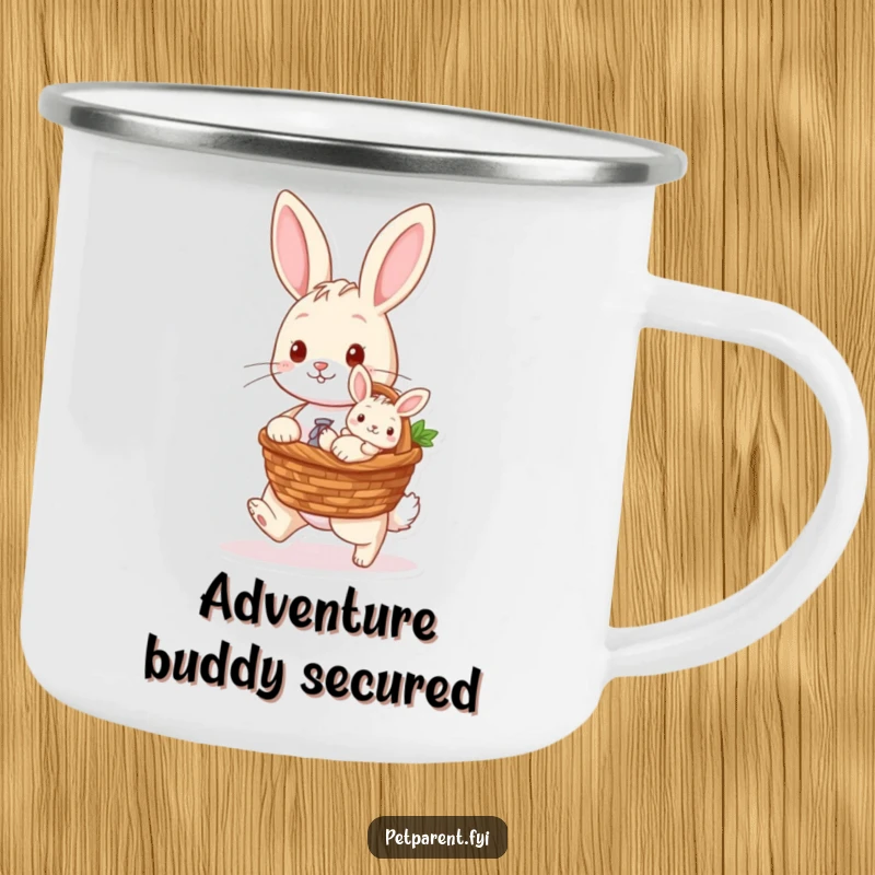 Funny enamel camping mug featuring a rabbit character carrying a baby bunny in a basket, perfect for outdoor trips and sweet sips.