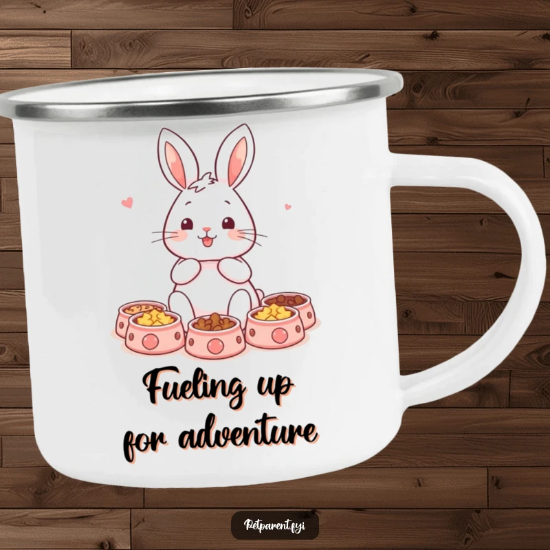 Funny rabbit camping mug featuring a content character and miniature pet bowls, perfect for outdoor use and pet-themed humor. A great funny gift.