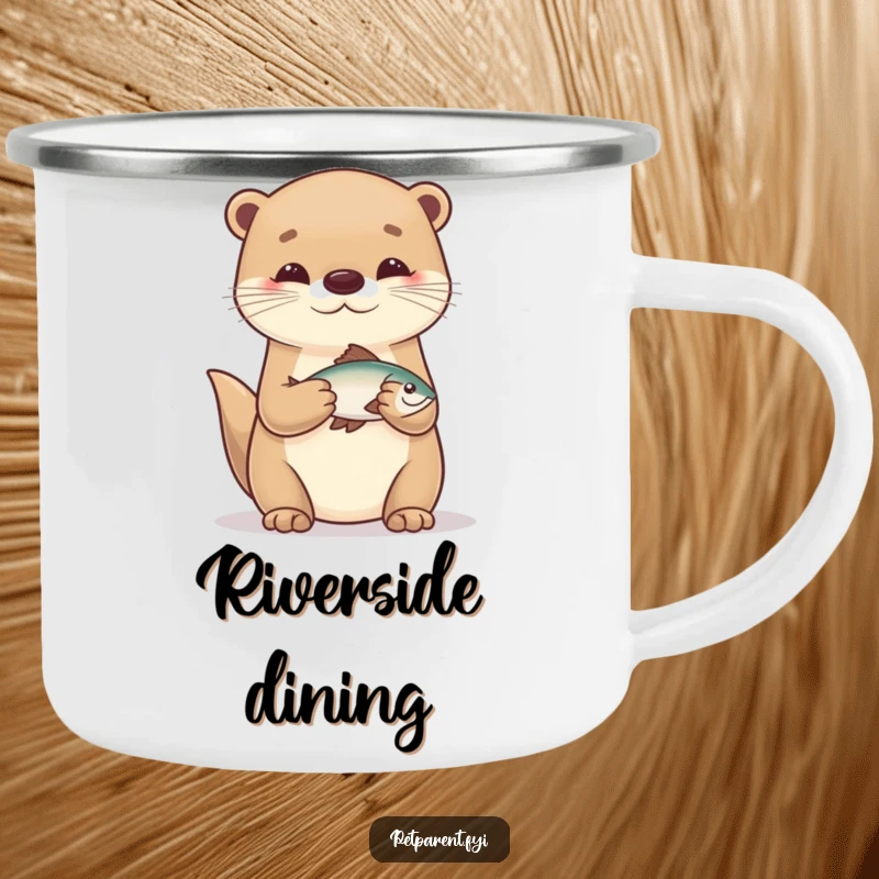 Funny otter character holding a tiny fish on a durable enamel camping mug, perfect for outdoor drinks.