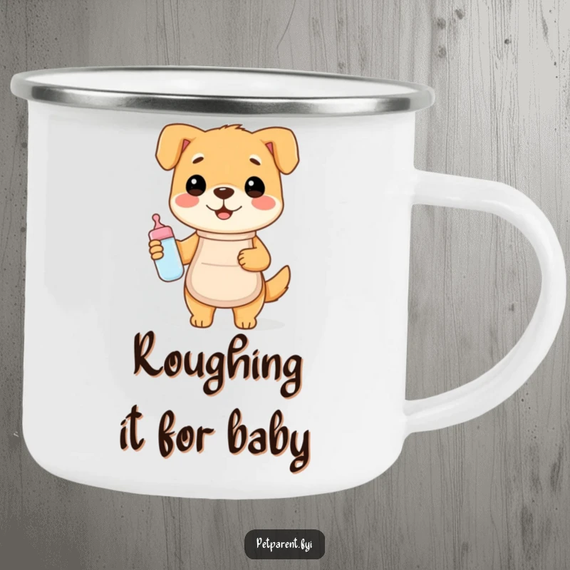 Funny camping mug with a happy dog in an apron holding a baby bottle, perfect for humorous outdoor relaxation.