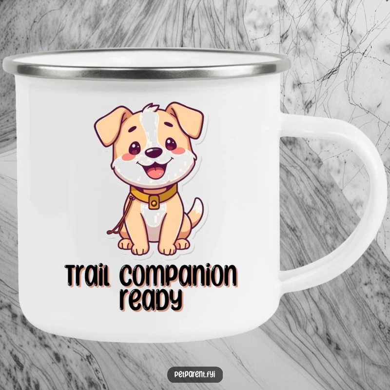 Funny Dog Camping Mug: A happy dog wearing a small leash and collar is excited for a walk. Humorous and durable.
