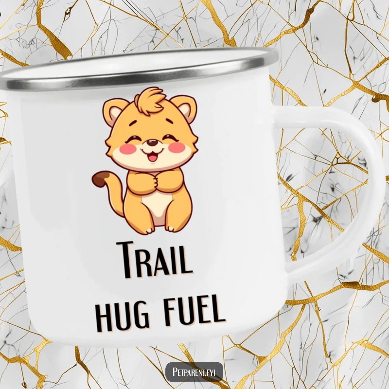 Funny Camping Mug showing a cute animal character offering a warm, loving embrace. Ideal funny gift for outdoor enthusiasts and animal lovers.