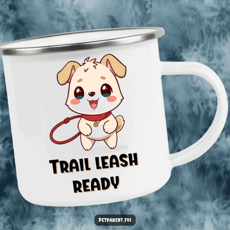 Sturdy funny camping mug featuring a happy animal with a leash and wagging tail, ideal for outdoor adventures.