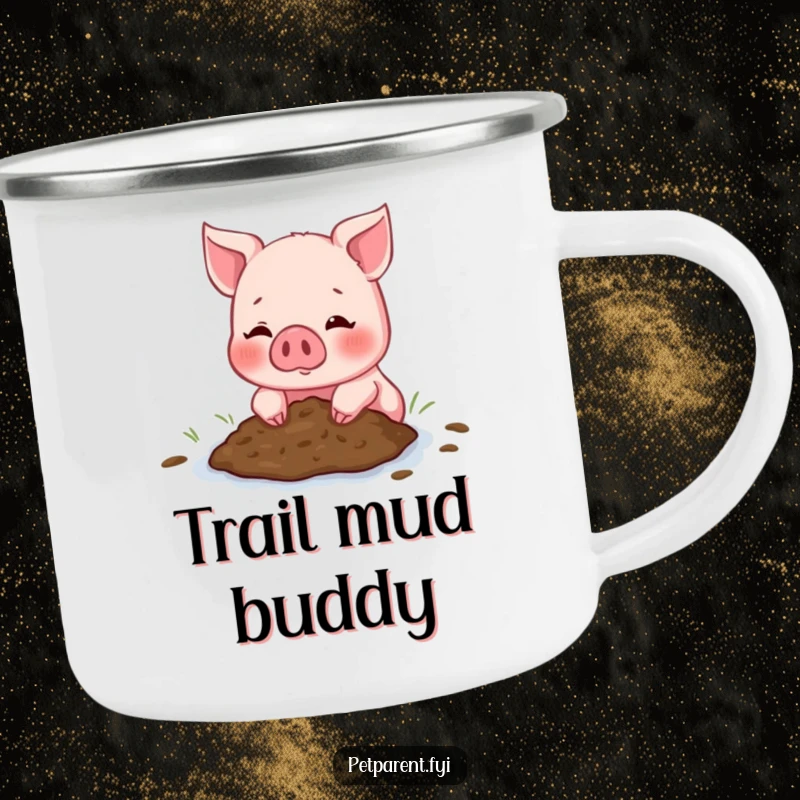 Funny Piglet Camping Mug showing a blushing piglet offering a mud puddle, ideal for humorous outdoor sipping and enjoyment.