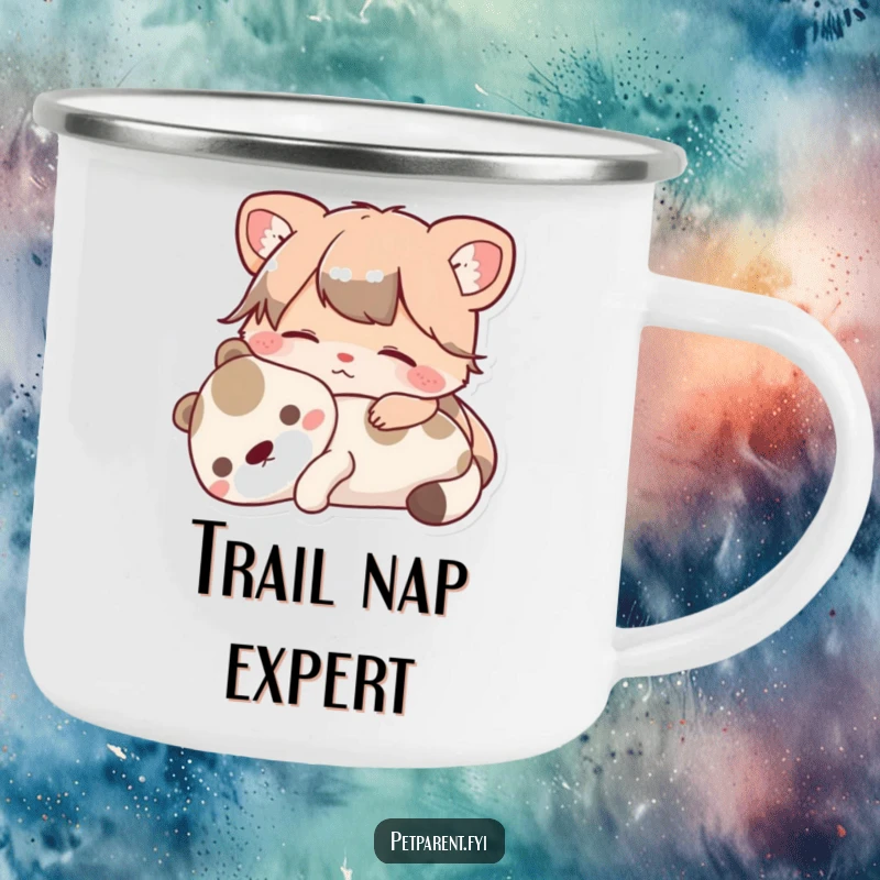 Funny Camping Mug showing a contented animal character resting peacefully with a pet. Ideal funny gift for outdoor lovers and peace seekers.