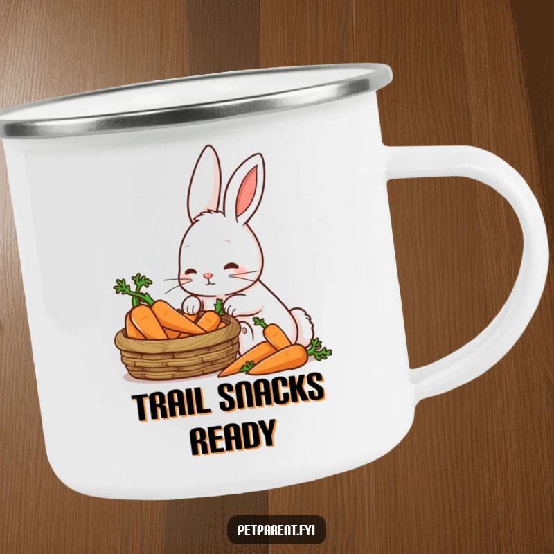 Funny Patient Rabbit Camping Mug: A patient rabbit gazes at carrots, perfect for outdoor veggie enthusiasts.