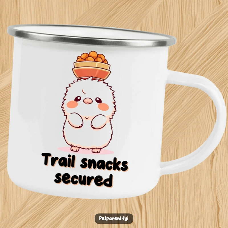 Funny camping mug featuring a fluffy creature precariously balancing food bowls on its head, ideal for outdoor humor.