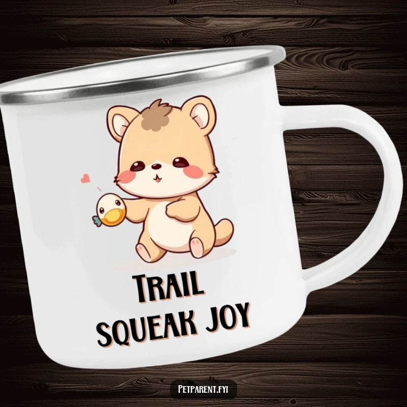 Funny playful animal camping mug showing a character tossing a tiny squeaky toy. Humorous outdoor gift.
