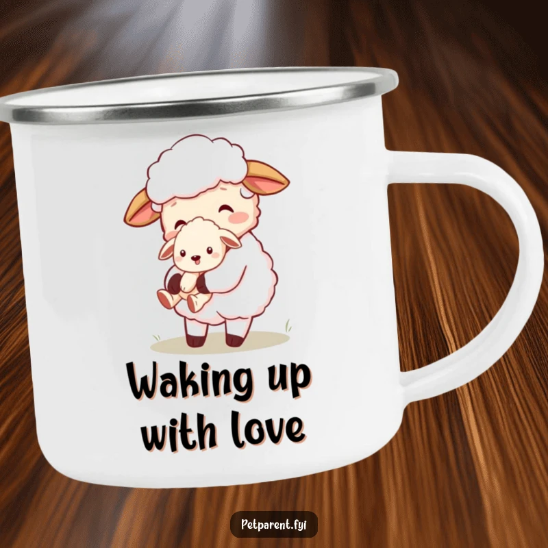 Funny sheep character carrying a small puppy on a durable enamel camping mug, designed for outdoor adventures and cozy drinks.