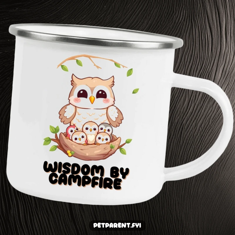 Funny owl camping mug showing a happy owl character guarding a nest of owlets, perfect for enjoying beverages in nature.