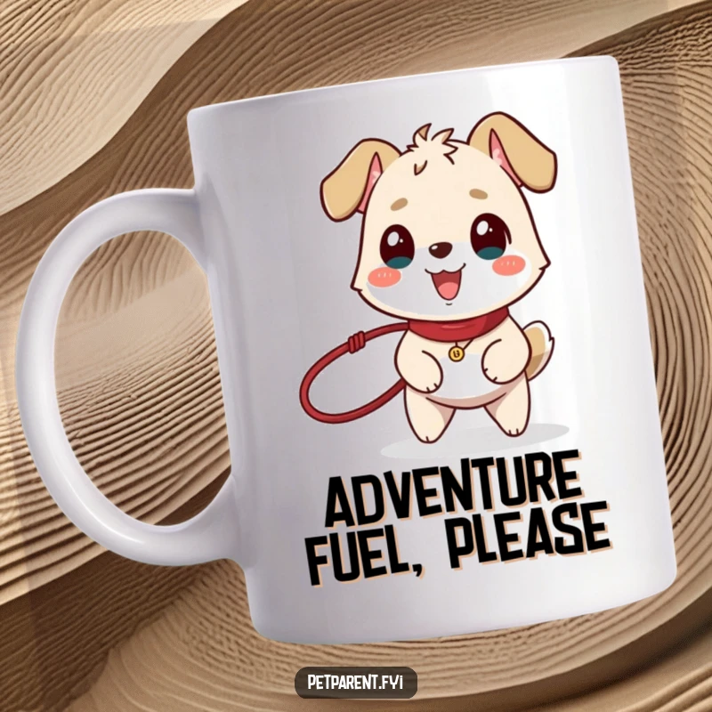 Funny mug depicting a joyful animal character eagerly carrying a leash, tail wagging with excitement for a walk.
