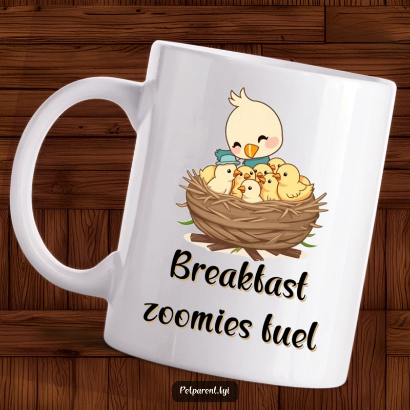Funny mug showing a devoted bird character feeding a nest full of hungry, chirping chicks, capturing a moment of pure parental care.