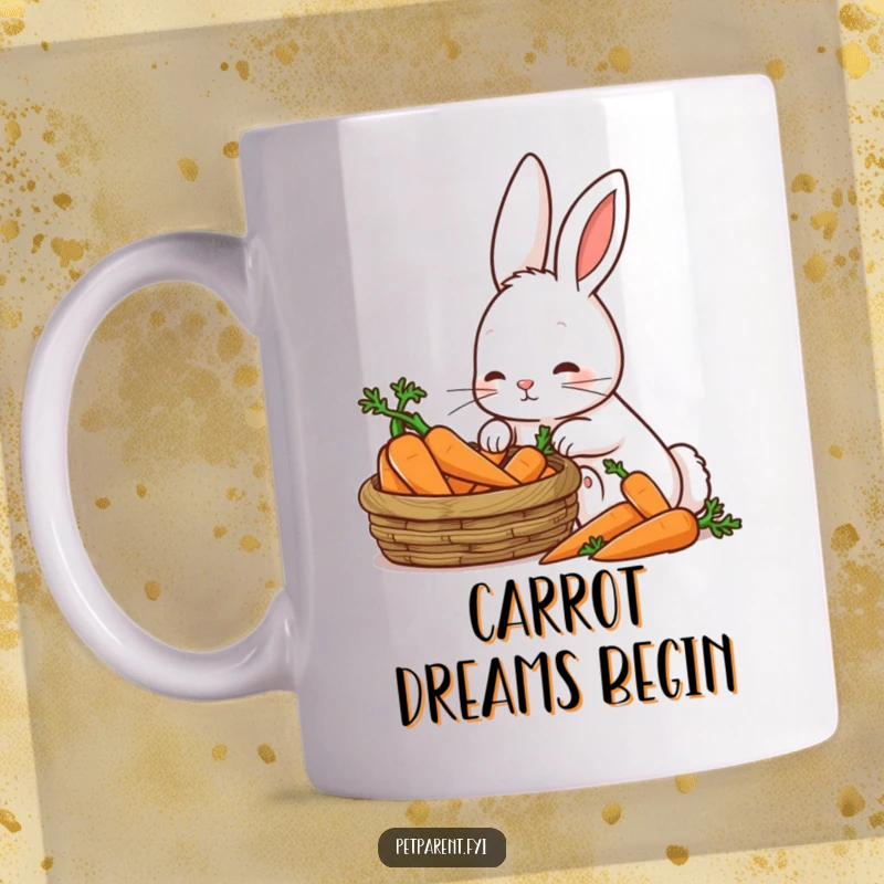Funny Patient Rabbit Mug: A patient rabbit gazes lovingly at a basket of carrots, a funny gift for veggie lovers.