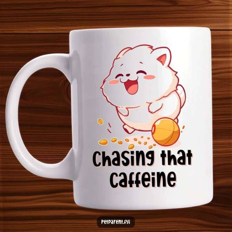 Funny mug: a fluffy creature joyfully chasing a rolling food pellet with ecstatic expression, conveying pure fun.