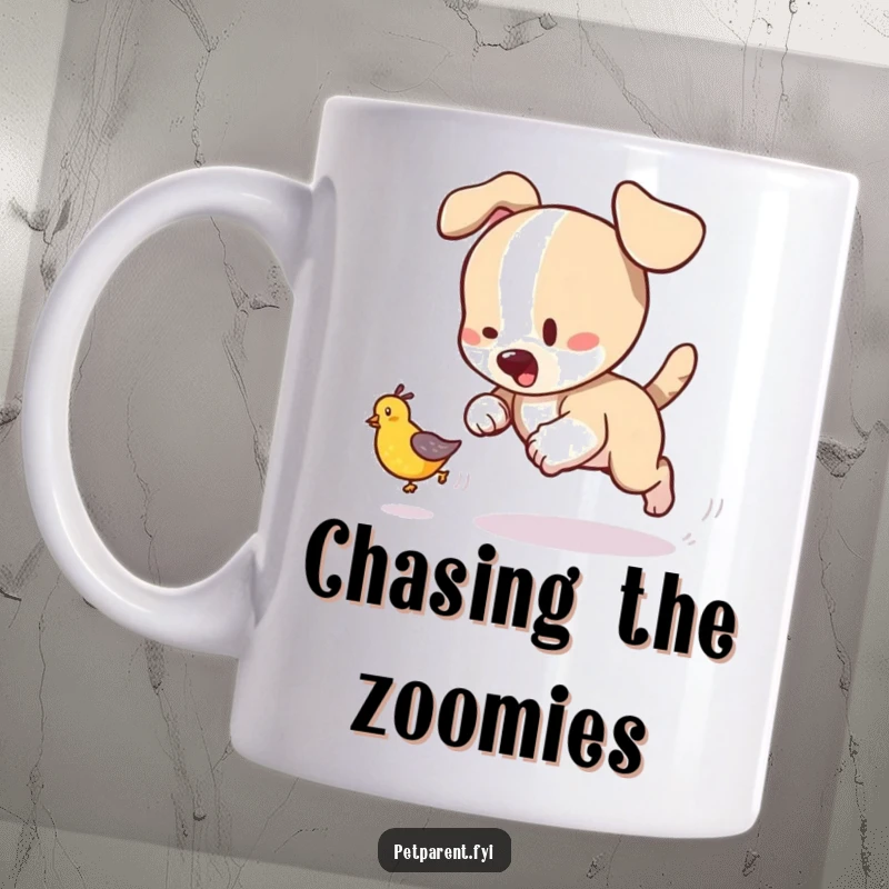 Funny playful puppy mug, showing a dog chasing a tumbling baby bird, capturing adorable, lighthearted pursuit.