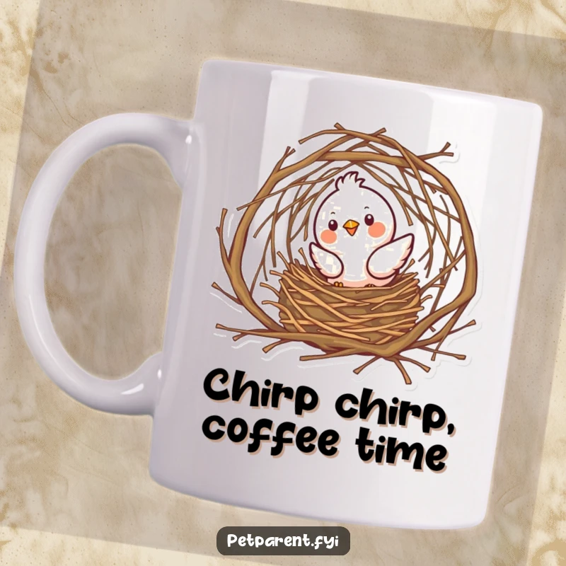 Funny, contented bird meticulously crafting an elaborate nest using tiny twigs, a heartwarming scene on a mug.
