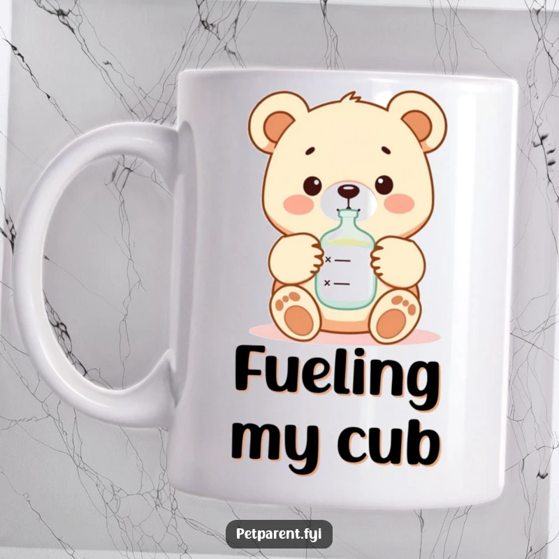 Funny cartoon bear character gently offering formula from a bottle to a baby, symbolizing nurturing care on a coffee mug.