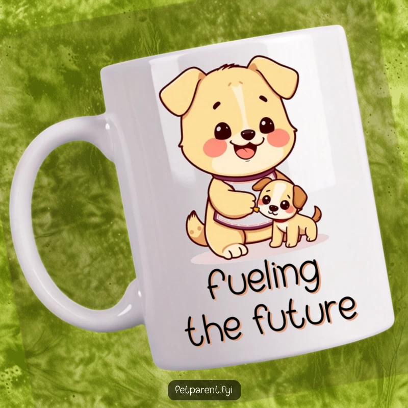 Funny dog mug showing a cute character wearing an apron, happily feeding a smaller puppy, embodying nurturing love and humor.