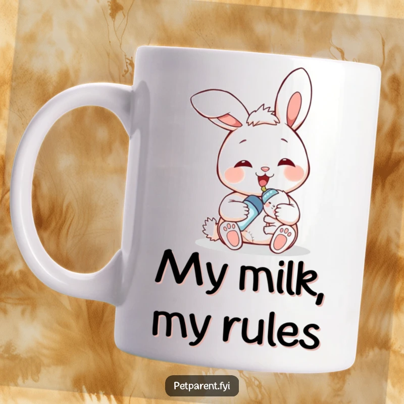 Funny bunny mom mug, smiling bunny character lovingly feeding a baby bunny with a bottle, heartwarming and humorous scene.