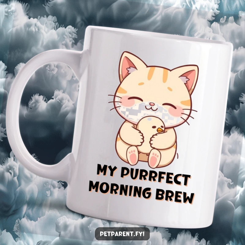 Funny Mug: Smiling cat gently cradles a tiny, sleepy bird in its paws, showcasing tenderness and a touch of humor.