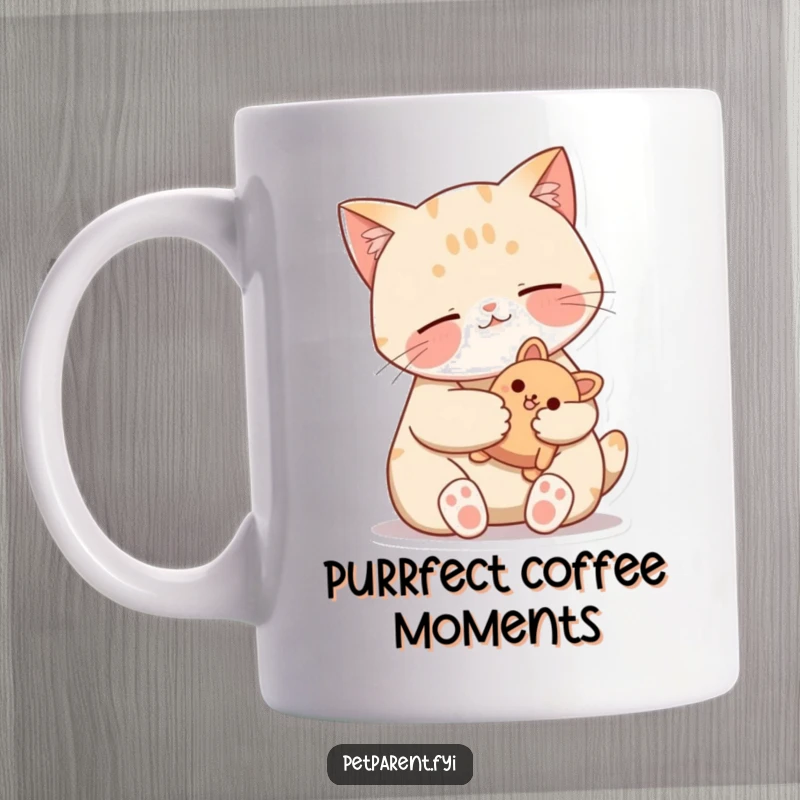 Funny Cat Mug featuring a contented cat purring softly while tenderly cradling a small stuffed toy, radiating peace and joy.