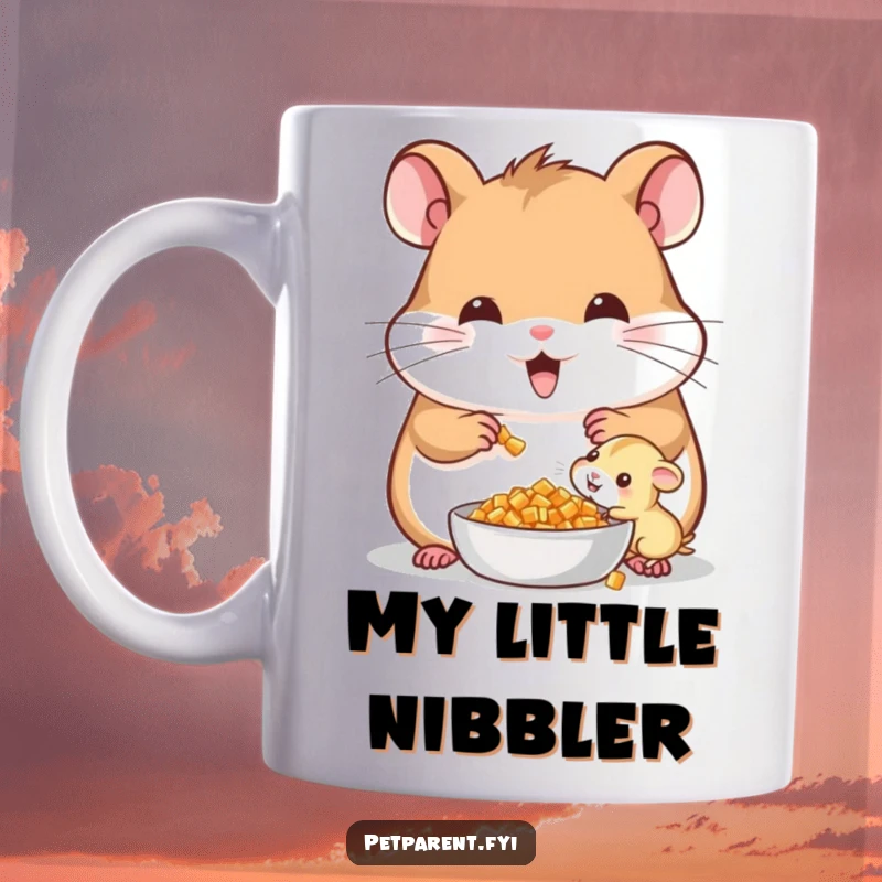 Funny Cheerful Hamster Mug: A cheerful hamster shares food with its tiny offspring, a funny gift for pet families.