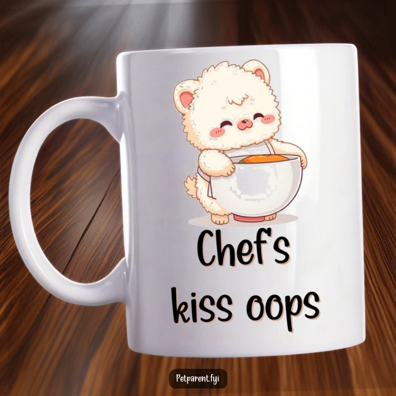 Funny mug shows a fluffy creature in a tiny apron fumbling with a giant food bowl, a comical kitchen mishap.