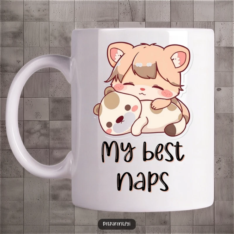 Funny Mug showcasing a contented animal character resting peacefully with a beloved pet. Ideal funny gift for quiet pet lovers.
