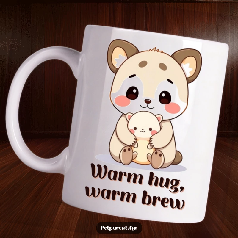 Funny mug featuring a cute animal character lovingly cuddling a tiny creature, radiating warmth and humorous affection.