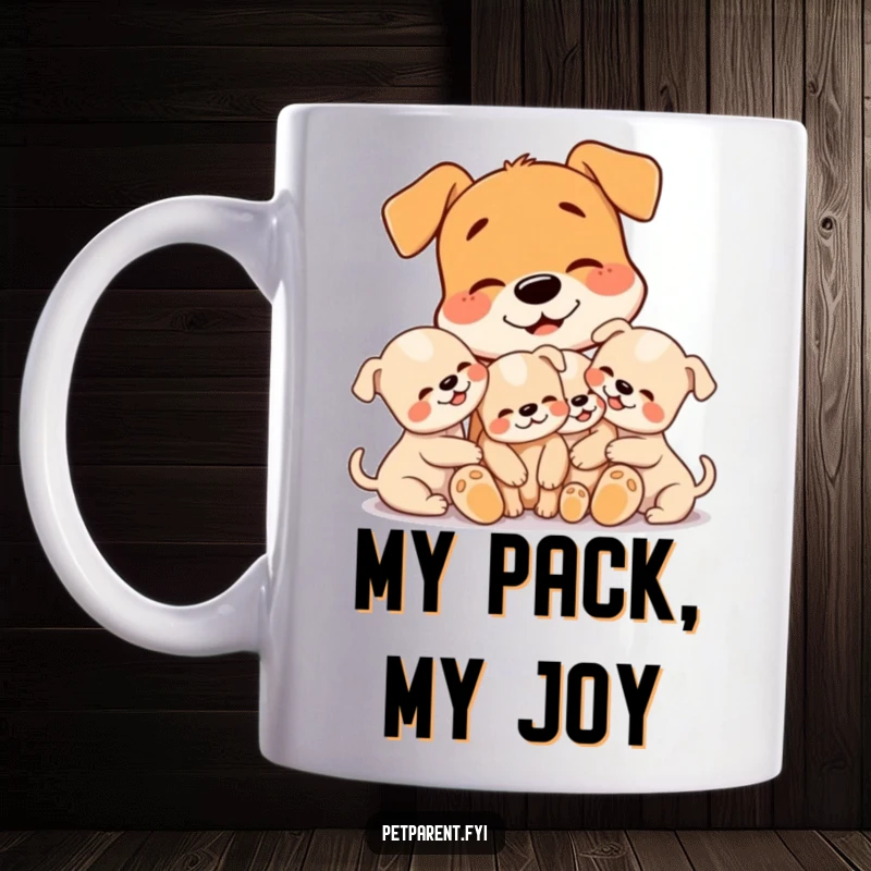 Funny dog mug showing a sweet dog character lovingly cuddling three tiny, adorable puppies with a gentle smile, radiating warmth and affection.