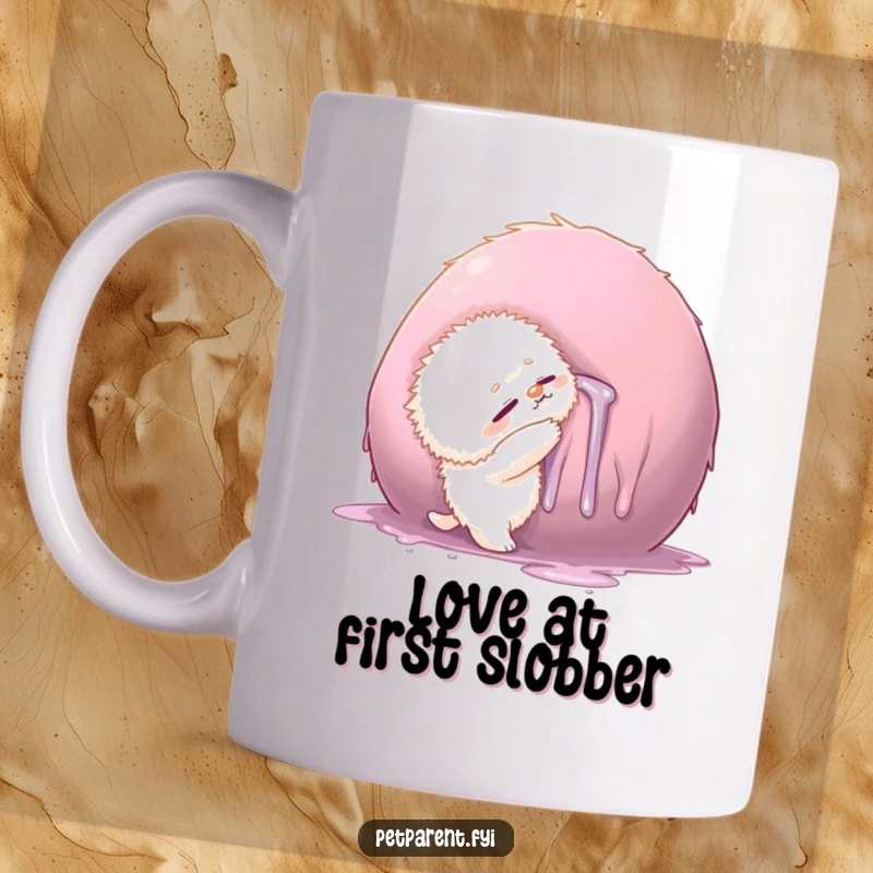 Funny mug features a small fluffy creature enthusiastically hugging a comically large, drool-covered object, showing slobbery affection.