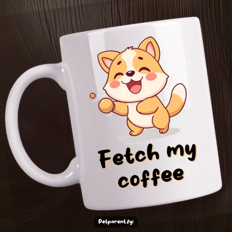 Funny Mug showcasing a delighted animal character joyfully playing fetch with a ball. Ideal funny gift for energetic pet lovers.