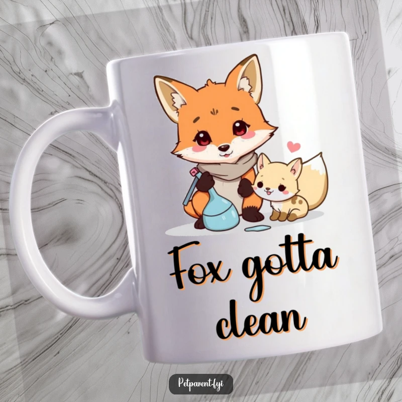 Funny cartoon fox character meticulously cleaning up messes left by a small child or pet, showcasing responsibility on a mug.