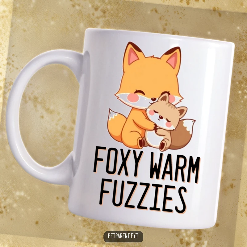 Funny fox hug mug, caring fox character offering a warm hug to a smaller animal, expressing friendship and kindness.