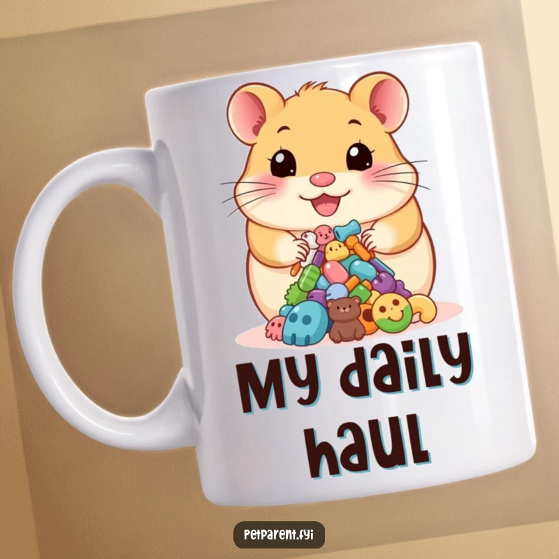 Funny mug with a happy hamster proudly presenting colorful pet accessories, conveying a sense of joy and accomplishment.