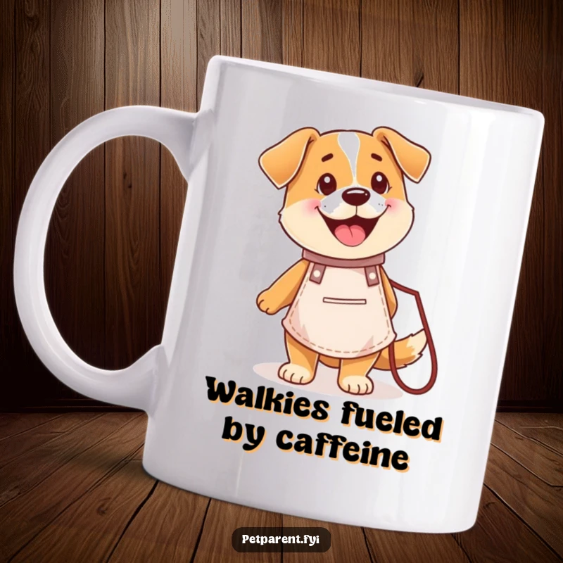 Funny mug featuring a happy dog character wearing a tiny apron and holding a leash, ready for fun.