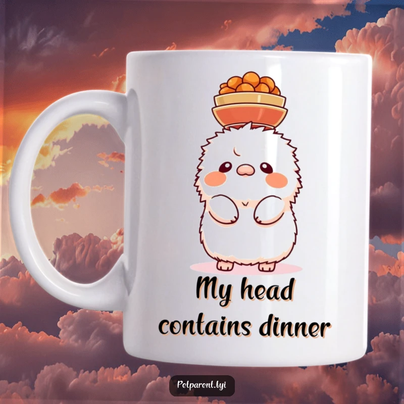 Funny mug shows a fluffy creature balancing multiple food bowls on its head, a comical depiction of a balancing act.