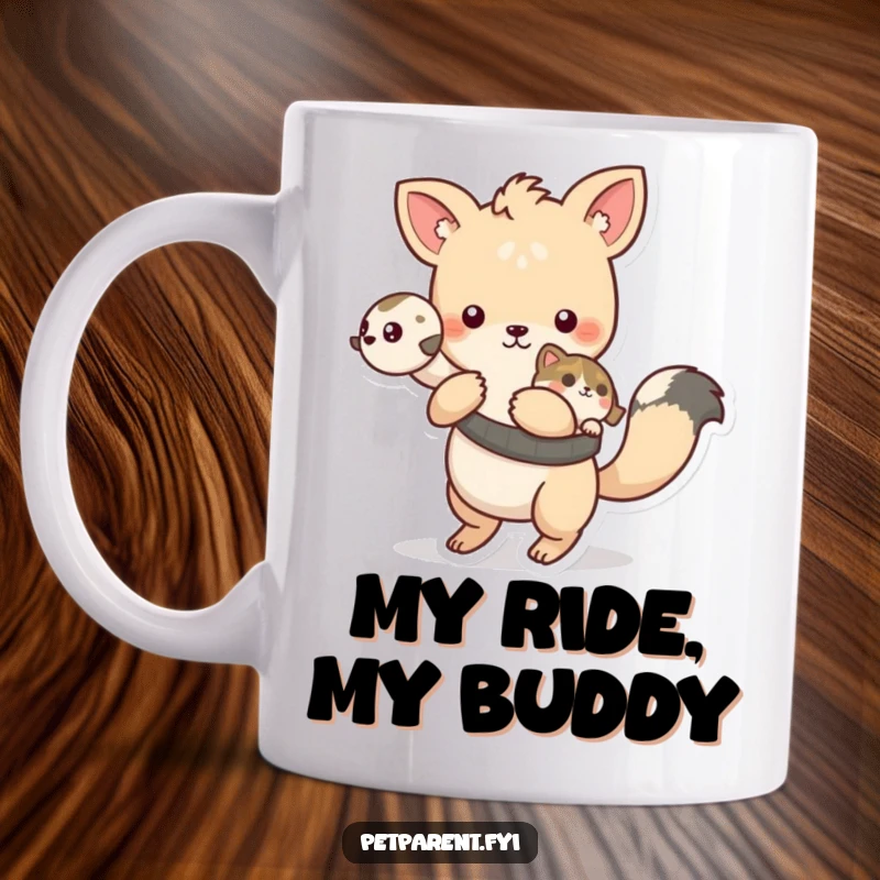 Funny playful animal character carrying a small pet on its back, on a ceramic mug.